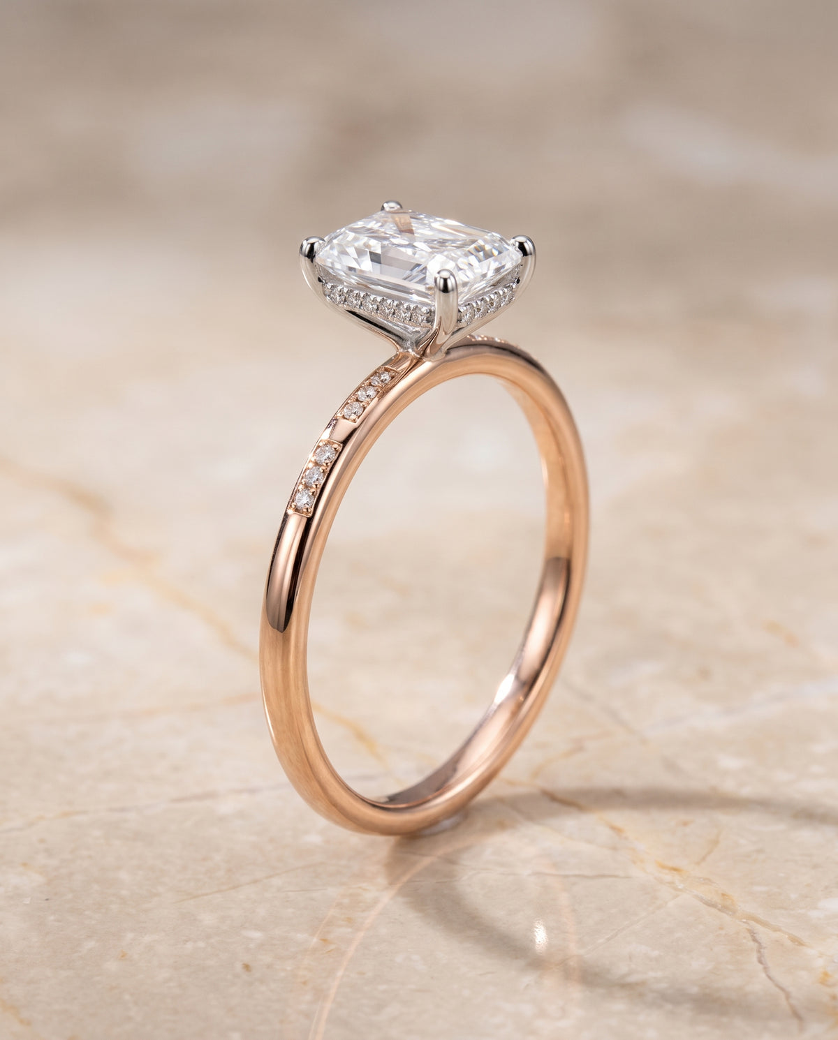 The Wanda Hidden Halo Pavé Solitaire Radiant Cut Engagement Ring Setting in 14K Rose Gold