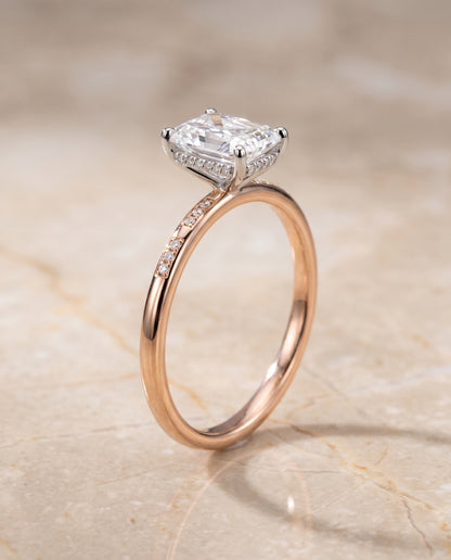 The Wanda Hidden Halo Pavé Solitaire Radiant Cut Engagement Ring Setting in 14K Rose Gold
