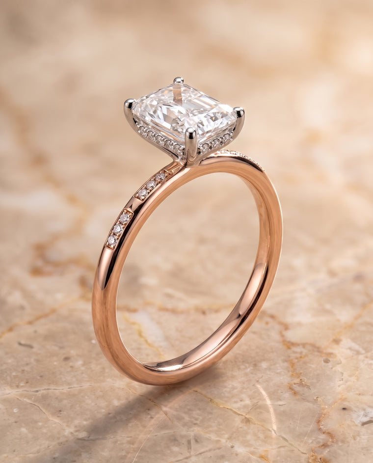 The Wanda Hidden Halo Pavé Solitaire Radiant Cut Engagement Ring Setting in 14K Rose Gold