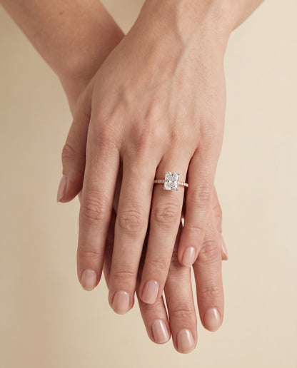 The Wanda Hidden Halo Pavé Solitaire Radiant Cut Engagement Ring Setting in 14K Rose Gold