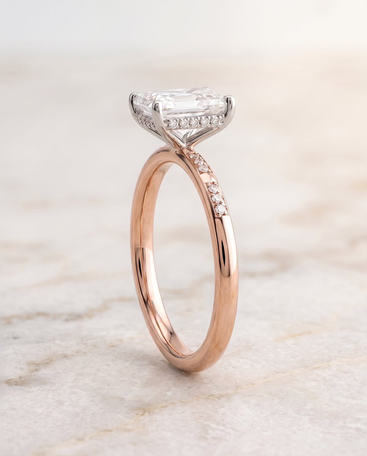 The Wanda Hidden Halo Pavé Solitaire Radiant Cut Engagement Ring Setting in 14K Rose Gold