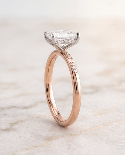 The Wanda Hidden Halo Pavé Solitaire Radiant Cut Engagement Ring Setting in 14K Rose Gold