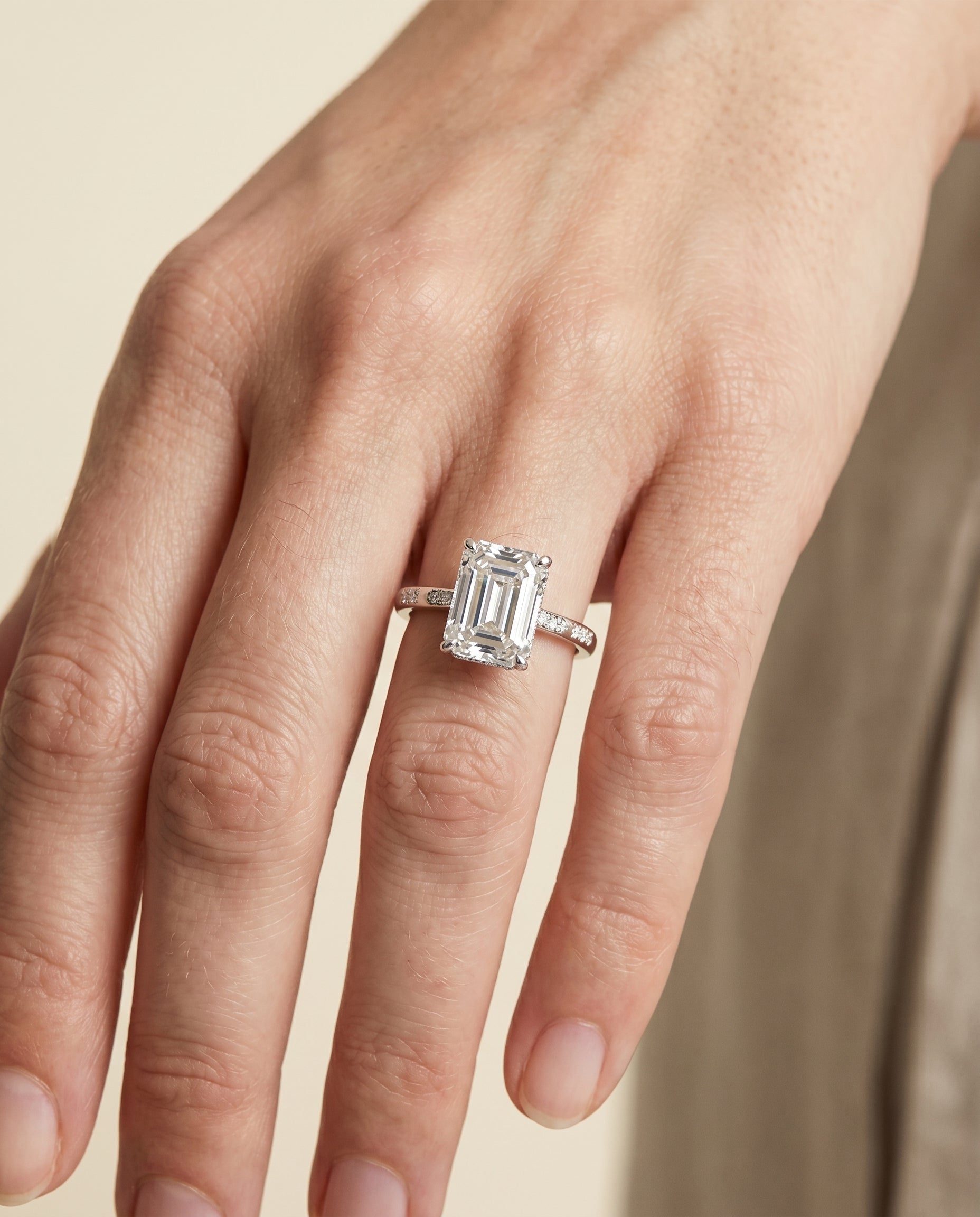 The Wanda engagement ring setting in Platinum, hidden halo pavé solitaire cut design | RockHer