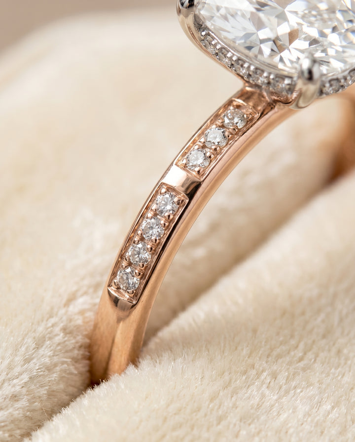 The Wanda Hidden Halo Pavé Solitaire Oval Engagement Ring Setting in 14K Rose Gold