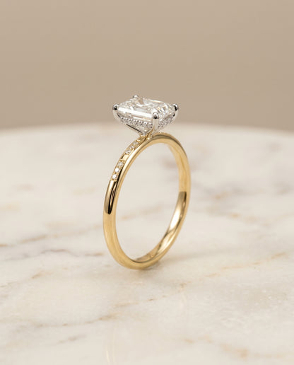 The Wanda Hidden Halo Pavé Solitaire Radiant Cut Engagement Ring Setting in 18K Yellow Gold