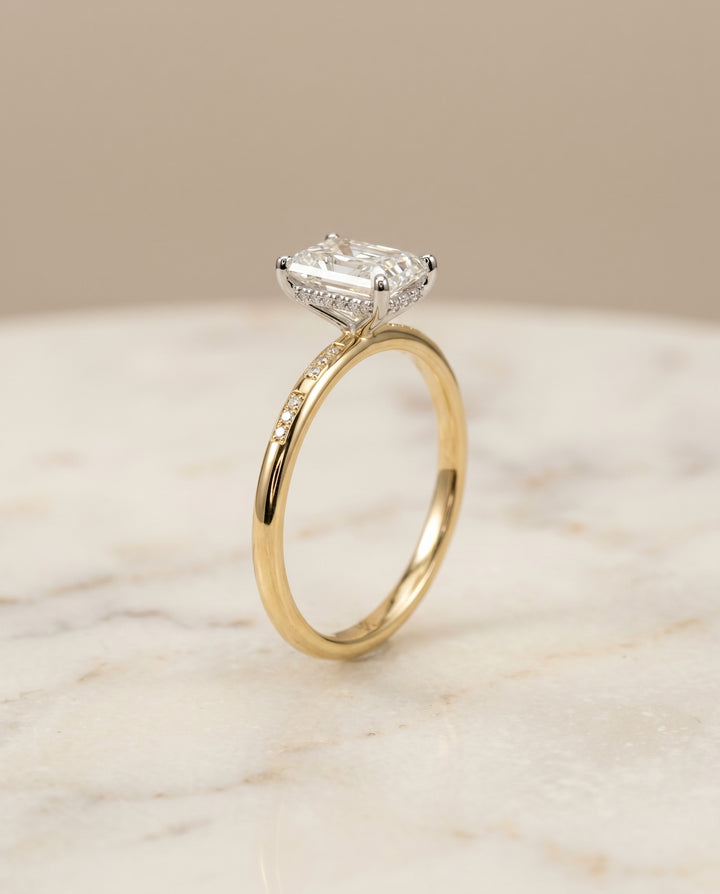 The Wanda Hidden Halo Pavé Solitaire Radiant Cut Engagement Ring Setting in 18K Yellow Gold