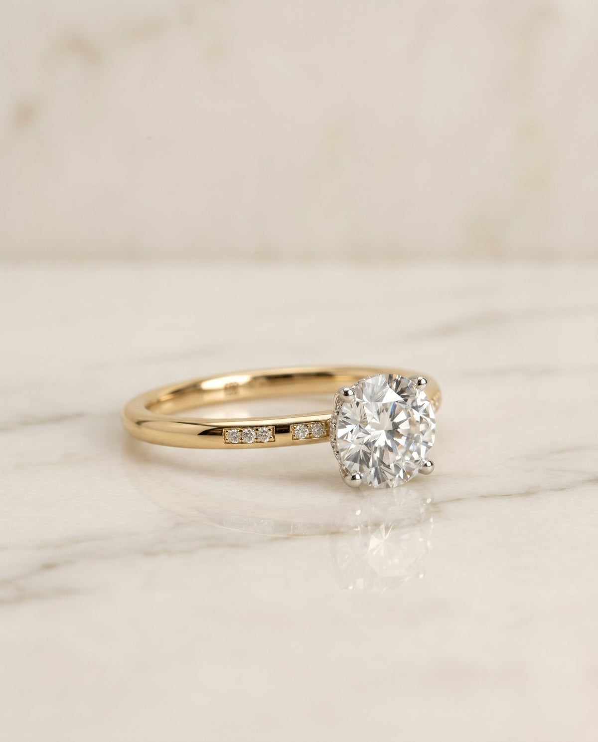 Wanda Select Hidden Halo Pavé Solitaire Round Lab Diamond Engagement Ring in 18K Yellow Gold, alternate angle | RockHer