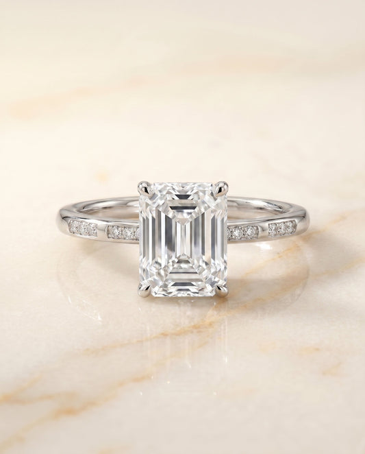 Wanda Select Hidden Halo Pavé Solitaire Radiant Cut Lab Diamond Engagement Ring in Platinum, shown on hand, angled | RockHer