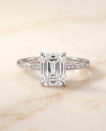 Wanda Select Hidden Halo Pavé Solitaire Radiant Cut Lab Diamond Engagement Ring in 18K White Gold, shown on hand, angled | RockHer