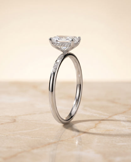 The Wanda Hidden Halo Pavé Solitaire Radiant Cut Engagement Ring Setting in 18K White Gold