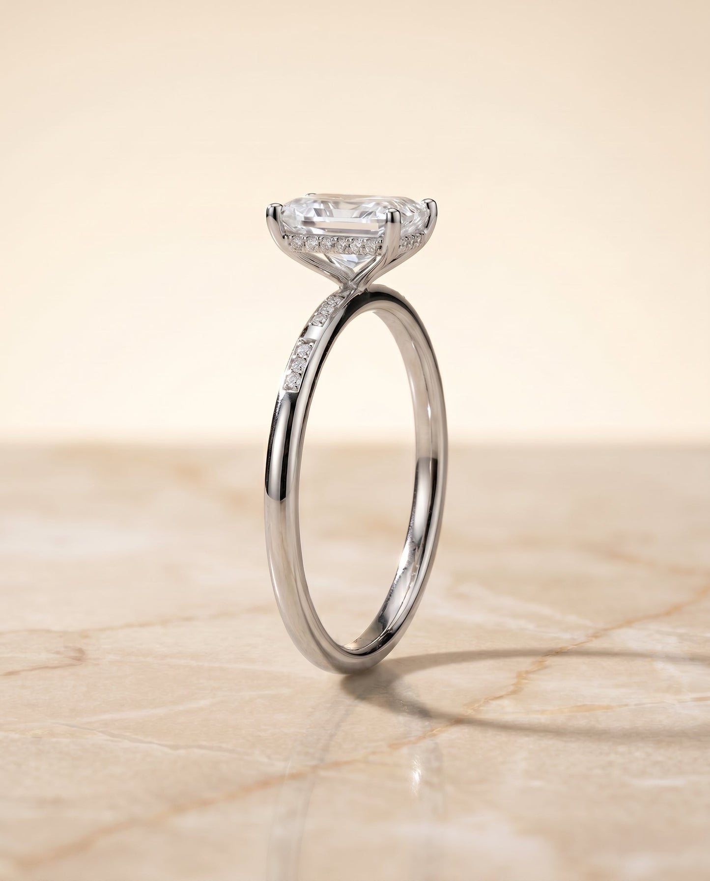 Wanda Select Hidden Halo Pavé Solitaire Radiant Cut Lab Diamond Engagement Ring in Platinum, side view | RockHer