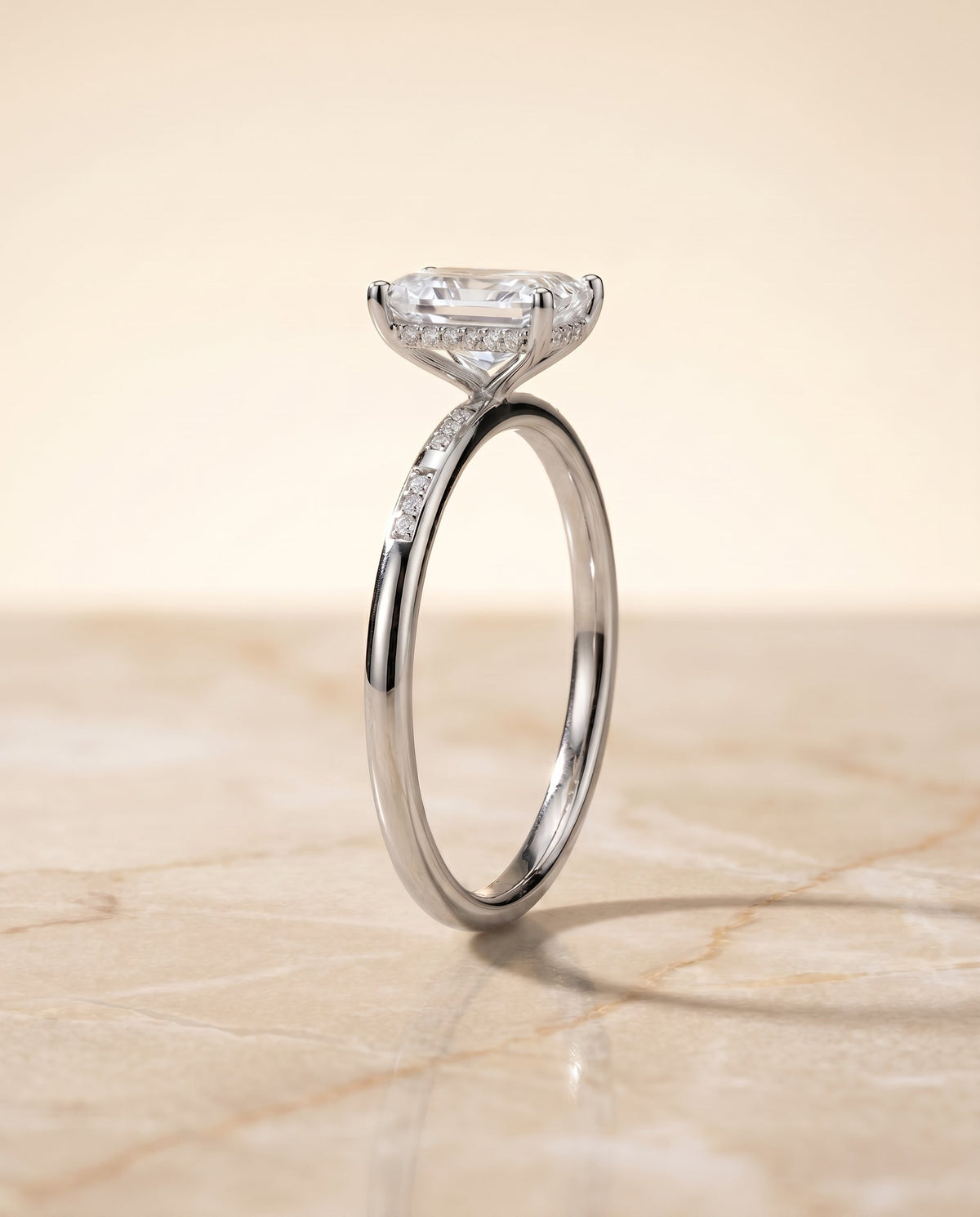 Wanda Select Hidden Halo Pavé Solitaire Radiant Cut Lab Diamond Engagement Ring in 18K White Gold, side view | RockHer