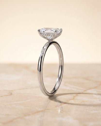 Wanda Select Hidden Halo Pavé Solitaire Radiant Cut Lab Diamond Engagement Ring in 18K White Gold, side view | RockHer