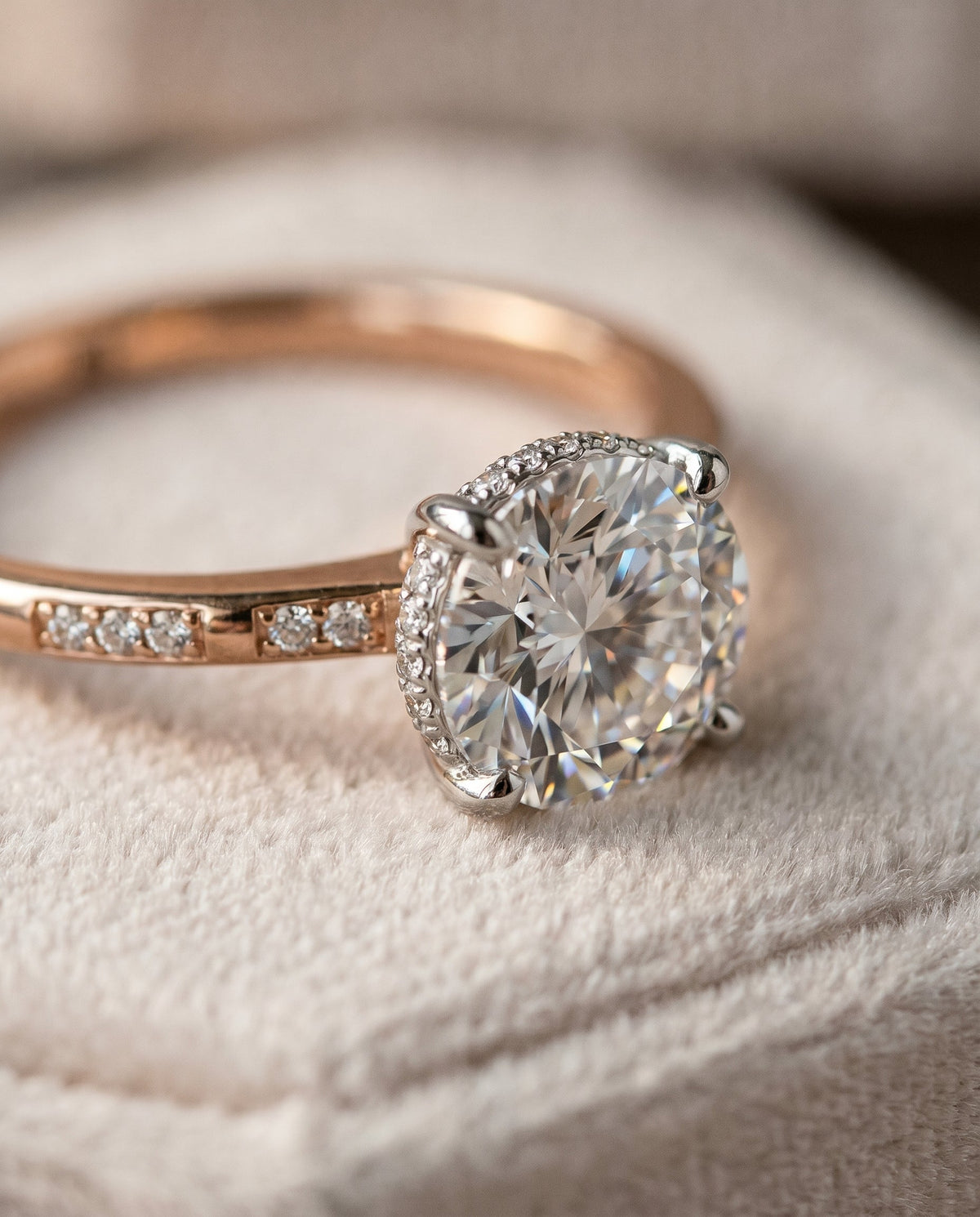 Wanda Select Hidden Halo Pavé Solitaire Round Lab Diamond Engagement Ring in 14K Rose Gold, detail view | RockHer