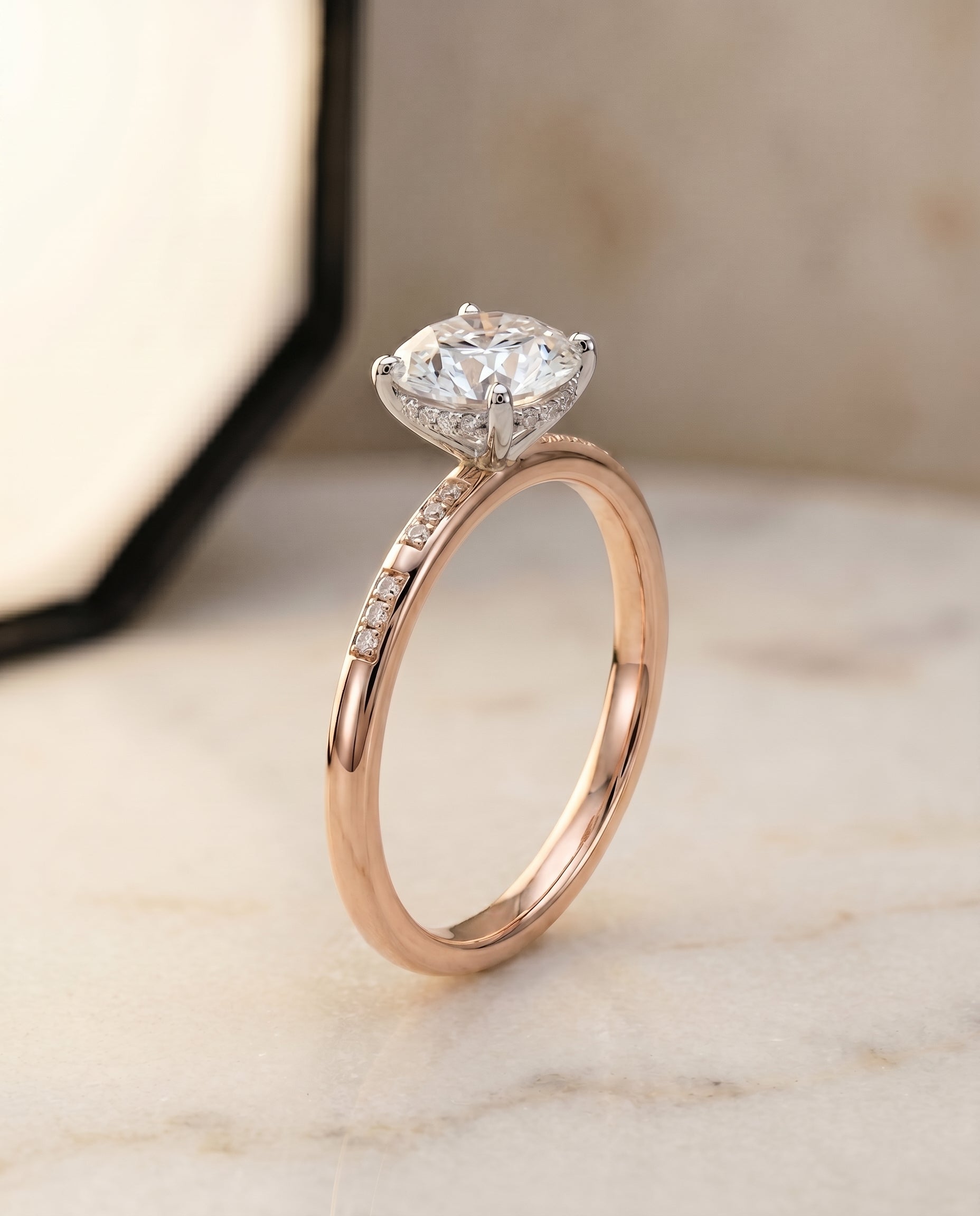 Hidden Halo Pavé Solitaire styling on The Wanda round engagement ring setting | RockHer