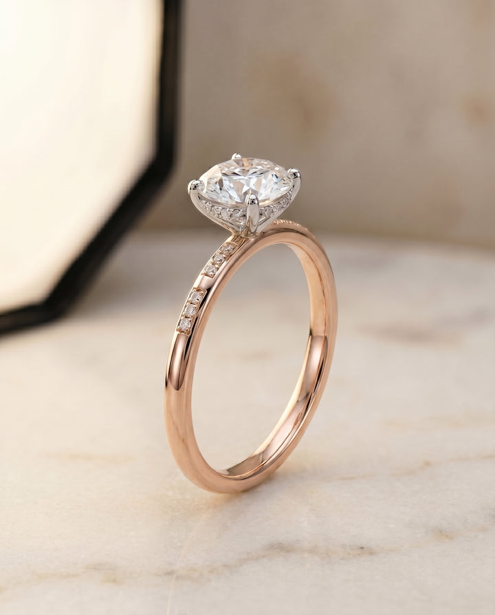 The Wanda Hidden Halo Pavé Solitaire Round Engagement Ring Setting in 14K Rose Gold