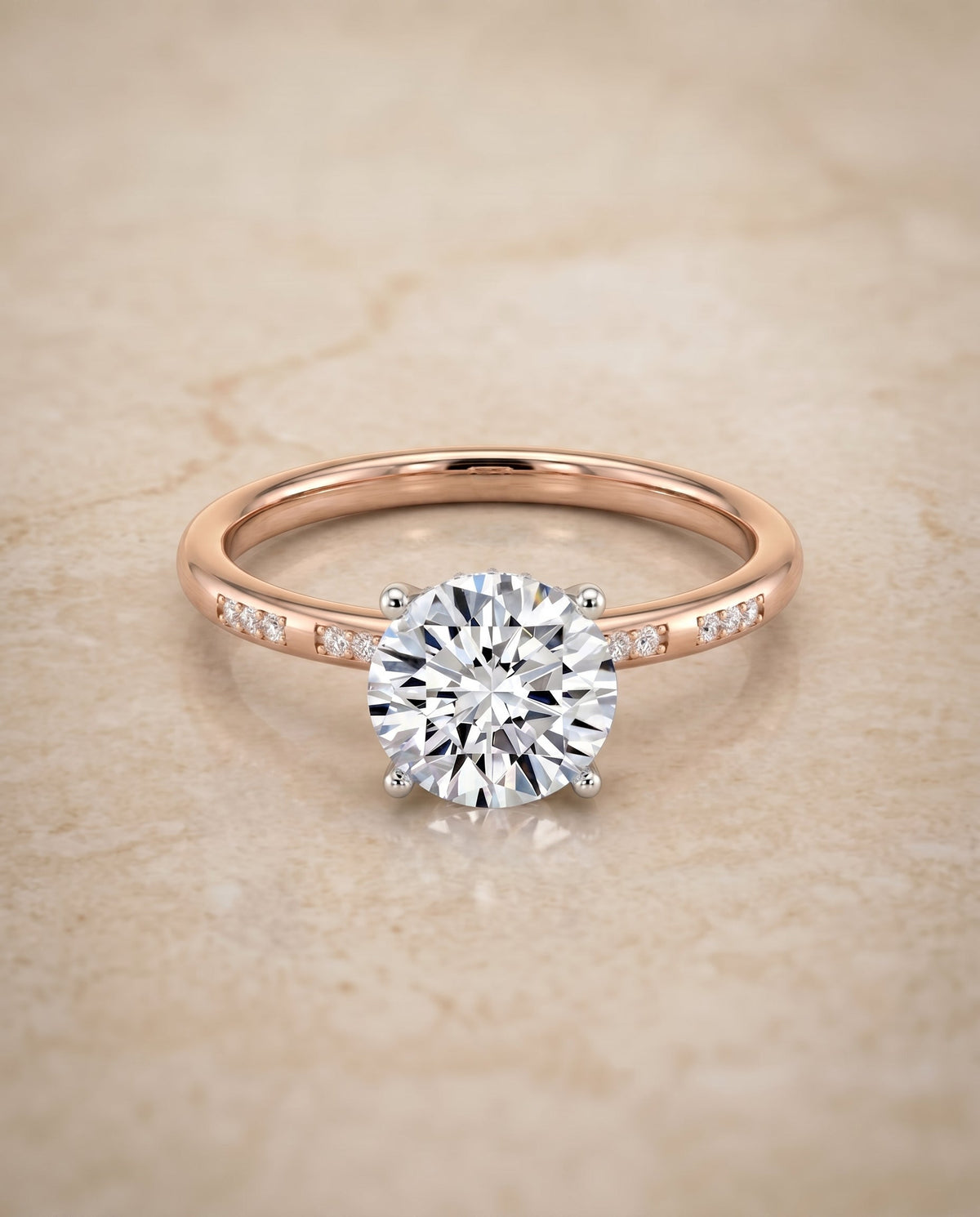 Wanda Select Hidden Halo Pavé Solitaire Round Lab Diamond Engagement Ring in 14K Rose Gold, shown on hand, angled | RockHer