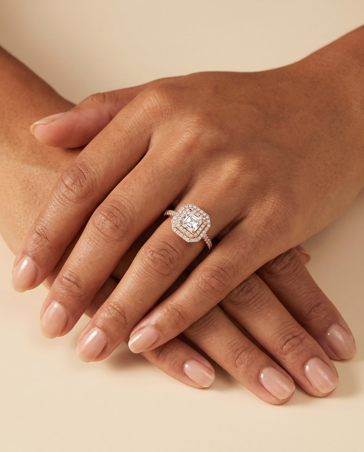 The Whitney Double Halo Asscher Cut Engagement Ring Setting in 14K Rose Gold
