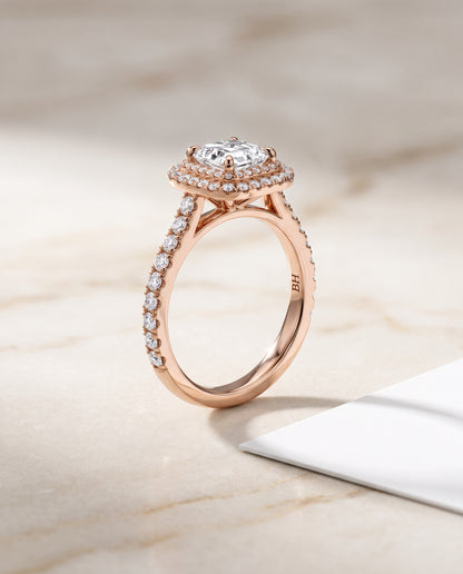 The Whitney Double Halo Asscher Cut Engagement Ring Setting in 14K Rose Gold