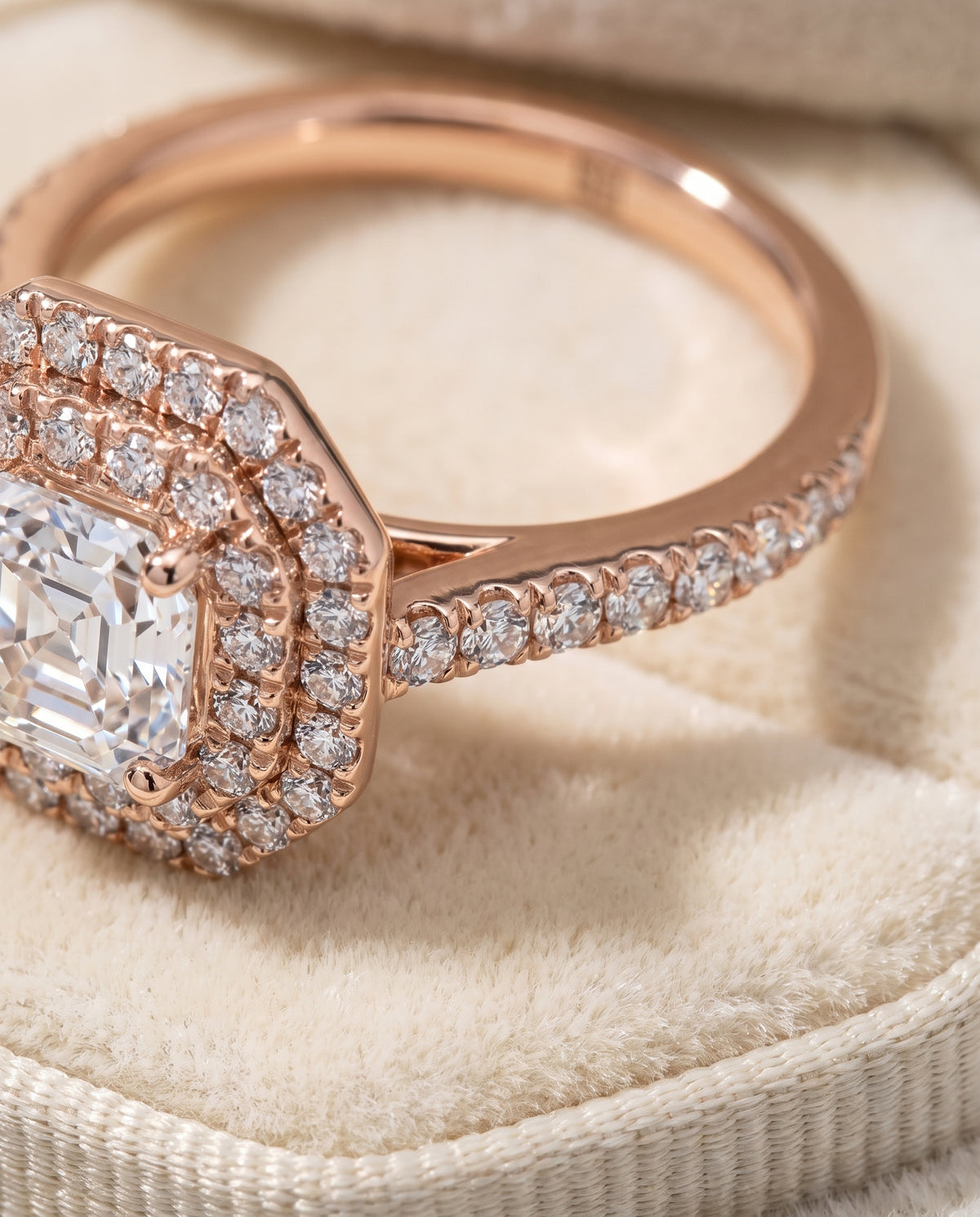 The Whitney Double Halo Asscher Cut Engagement Ring Setting in 14K Rose Gold