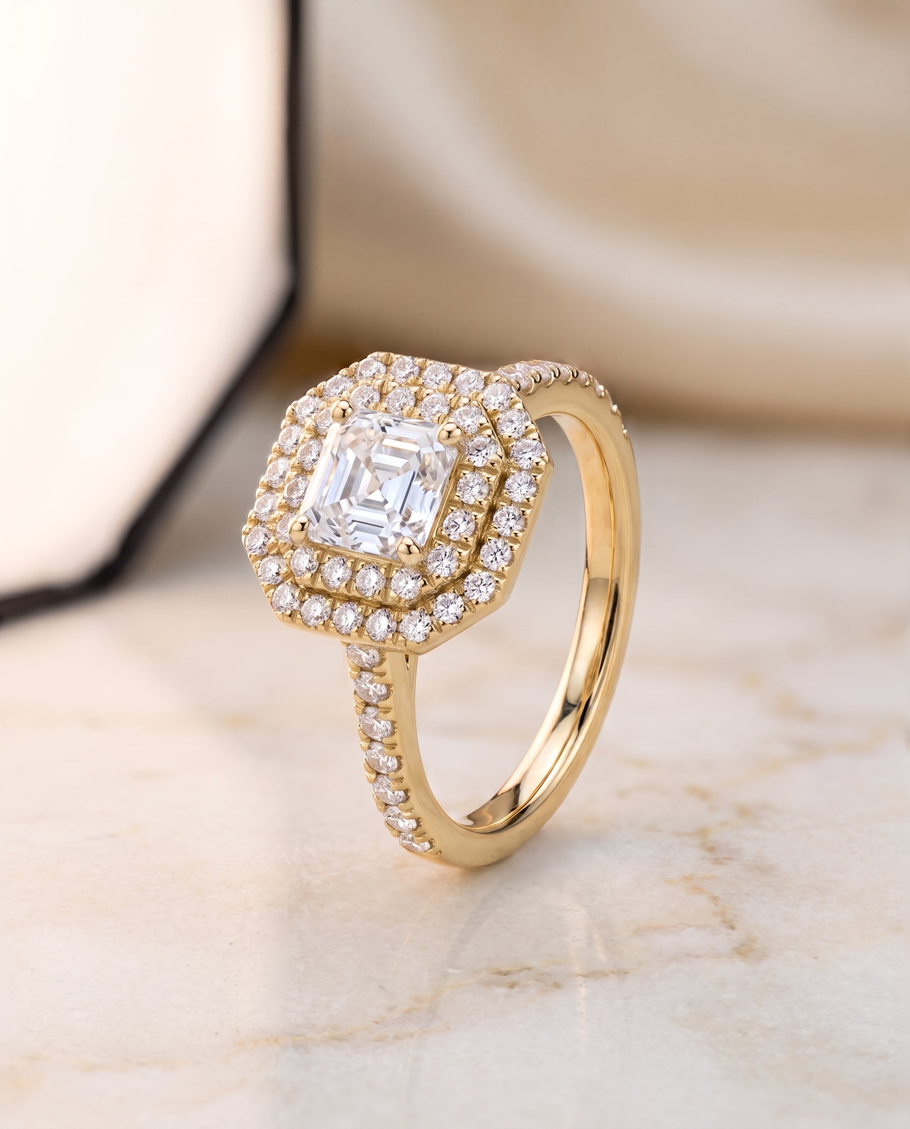 The Whitney Double Halo Asscher Cut Engagement Ring Setting in 18K Yellow Gold