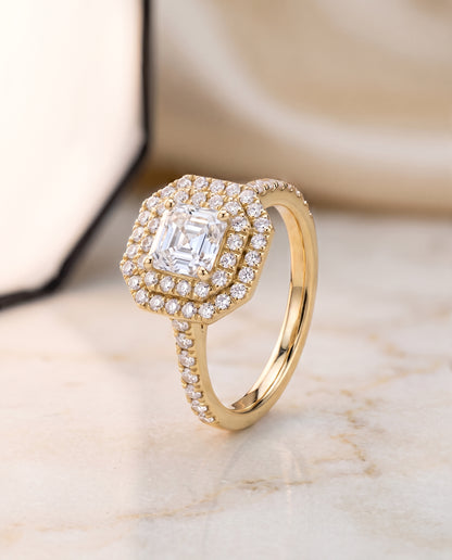 The Whitney Double Halo Asscher Cut Engagement Ring Setting in 18K Yellow Gold