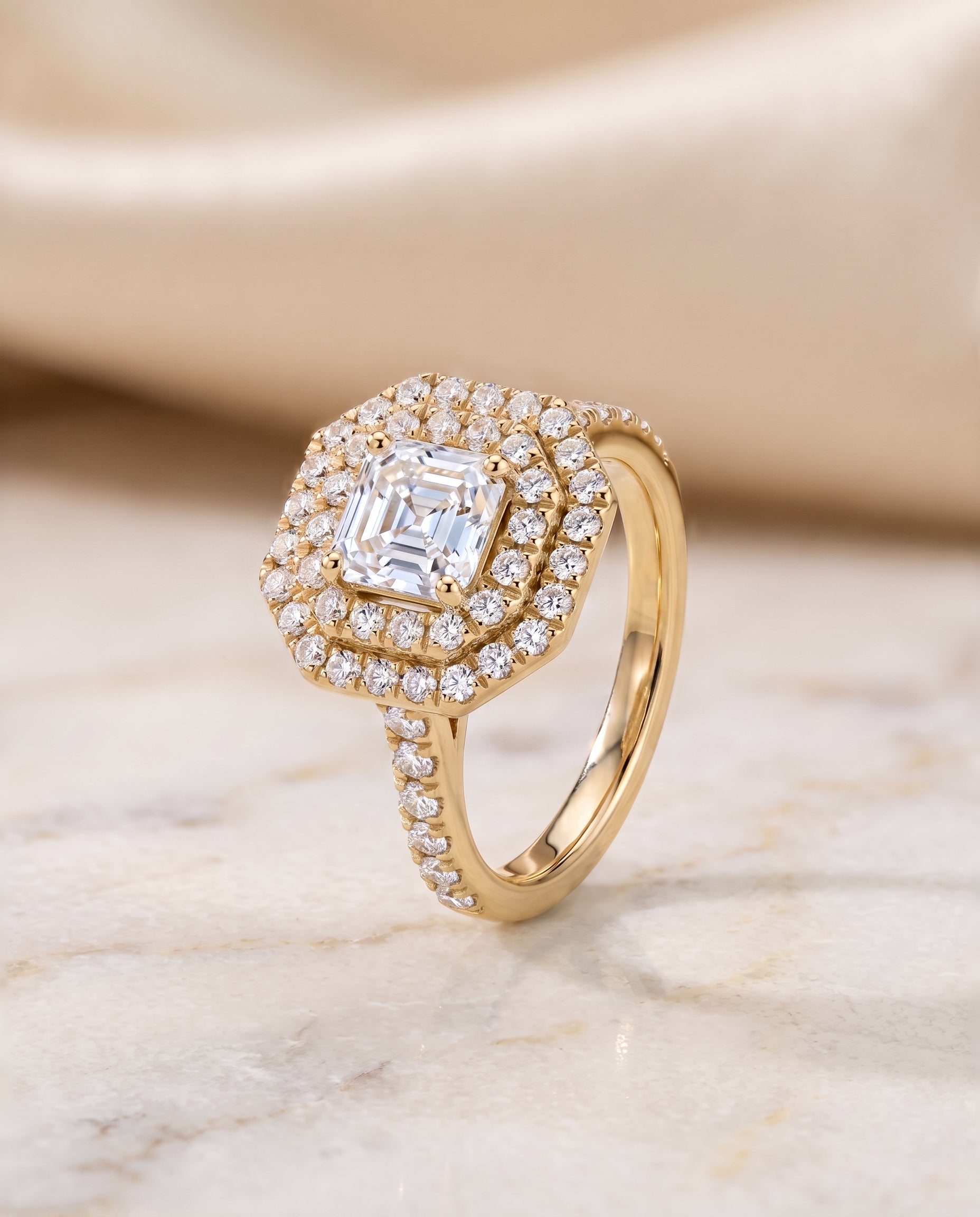 The Whitney Double Halo Asscher Cut Engagement Ring Setting in 18K Yellow Gold