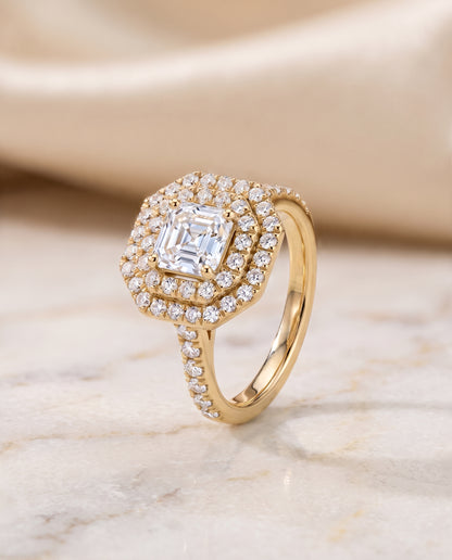 The Whitney Double Halo Asscher Cut Engagement Ring Setting in 18K Yellow Gold
