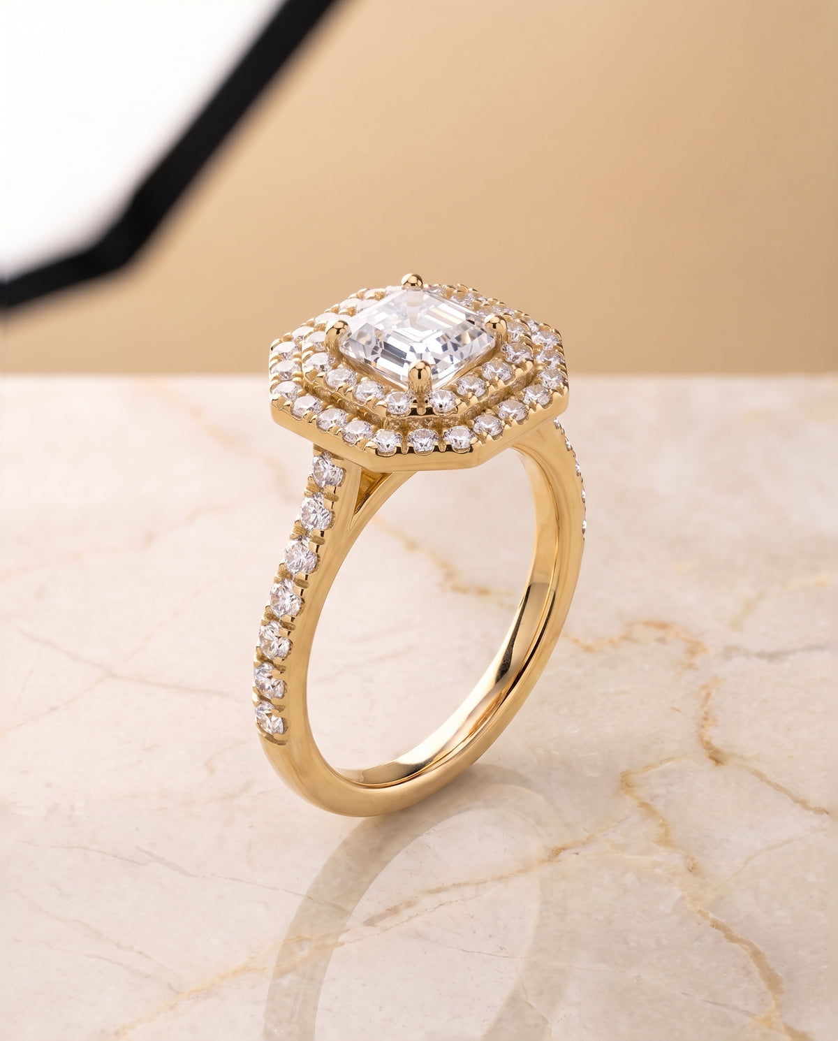 The Whitney Double Halo Asscher Cut Engagement Ring Setting in 18K Yellow Gold
