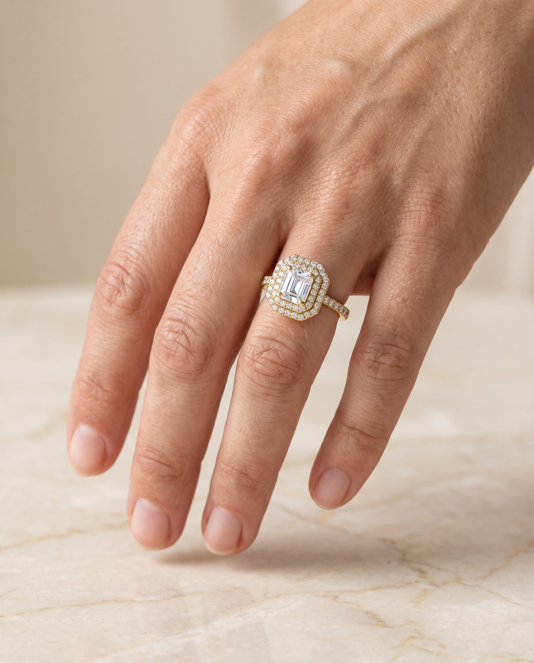 The Whitney Double Halo Asscher Cut Engagement Ring Setting in 18K Yellow Gold