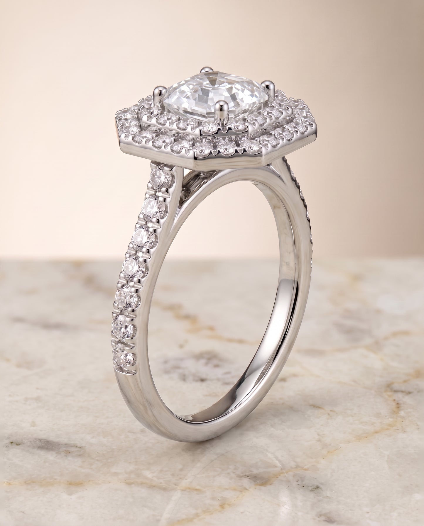 The Whitney Double Halo Asscher Cut Engagement Ring Setting in 18K White Gold