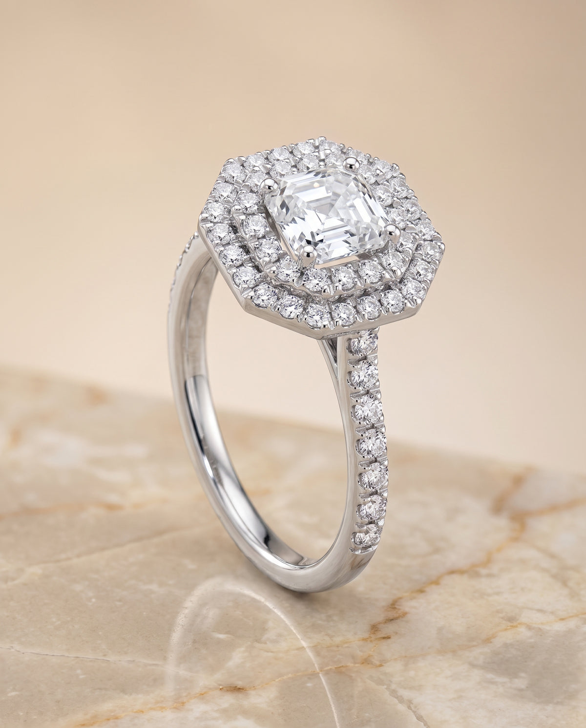 The Whitney Double Halo Asscher Cut Engagement Ring Setting in 18K White Gold