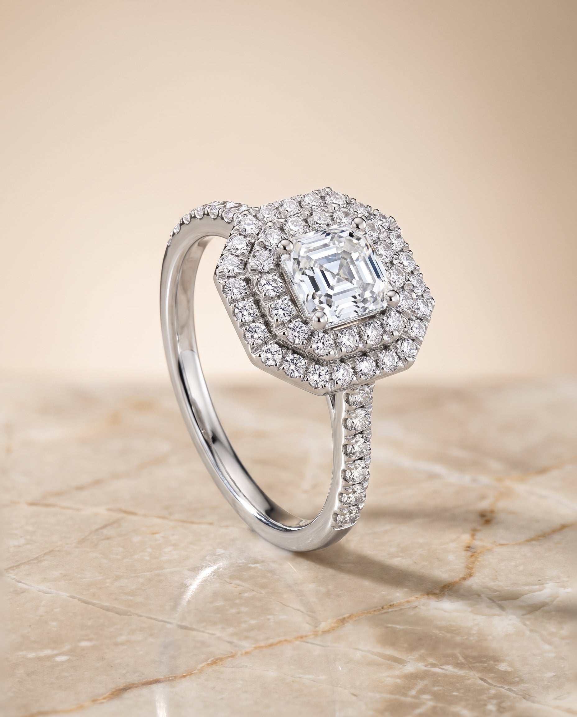 The Whitney Double Halo Asscher Cut Engagement Ring Setting in 18K White Gold