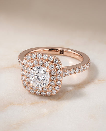 The Whitney Double Halo Cushion Cut Engagement Ring Setting in 14K Rose Gold