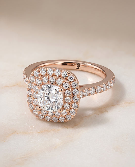 The Whitney Double Halo Cushion Cut Engagement Ring Setting in 14K Rose Gold
