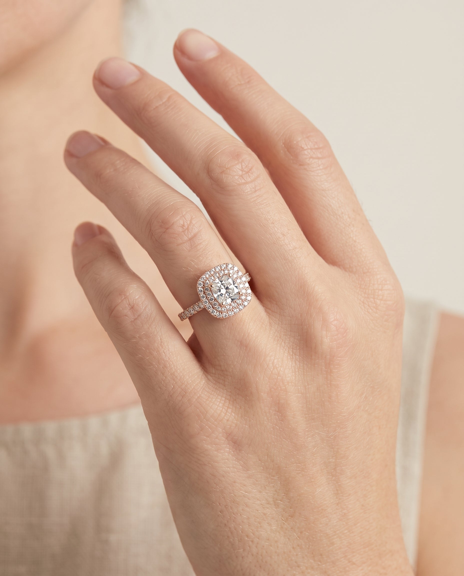 The Whitney engagement ring setting in 14K Rose Gold, double halo cut design | RockHer