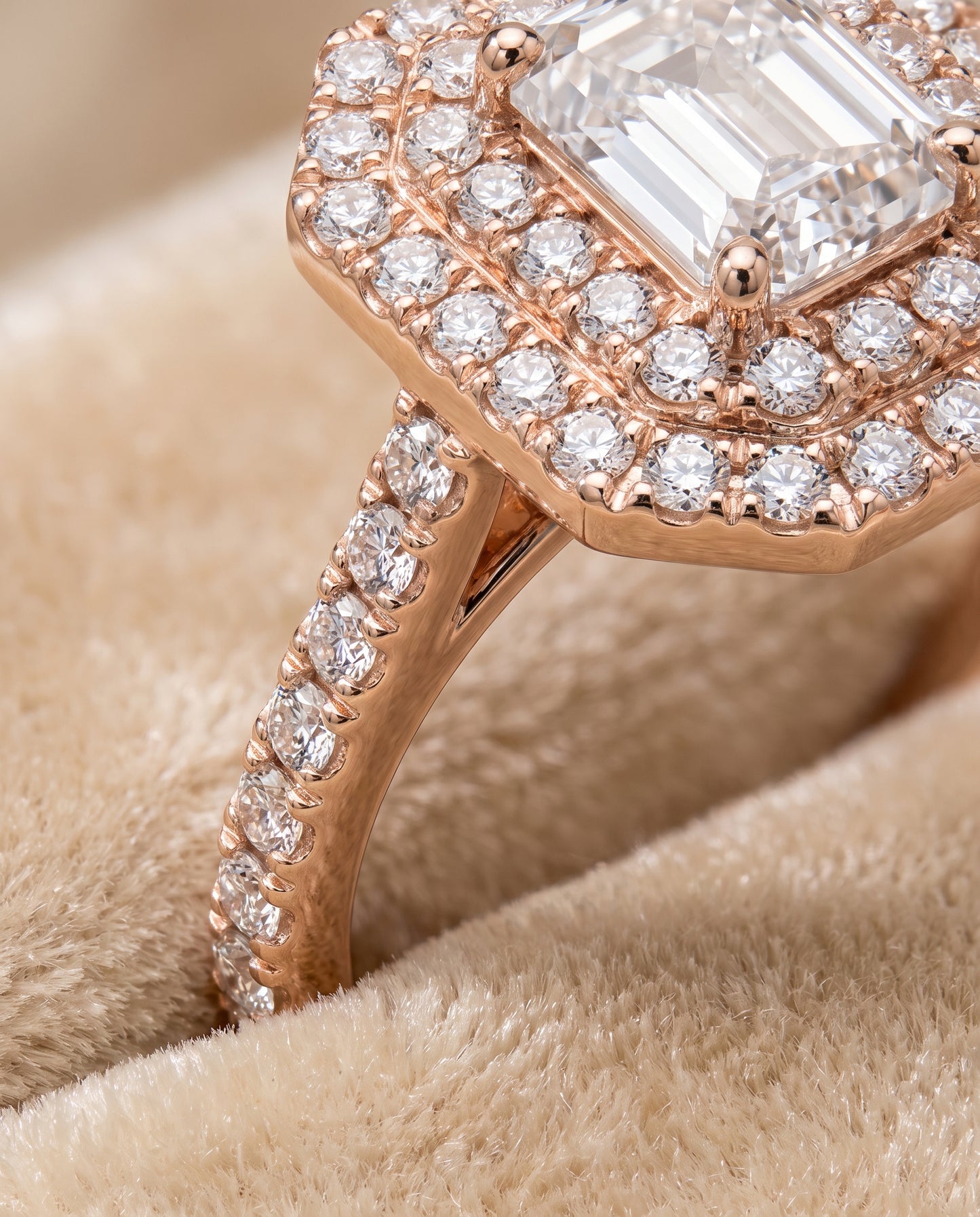The Whitney Double Halo Emerald Cut Engagement Ring Setting in 14K Rose Gold