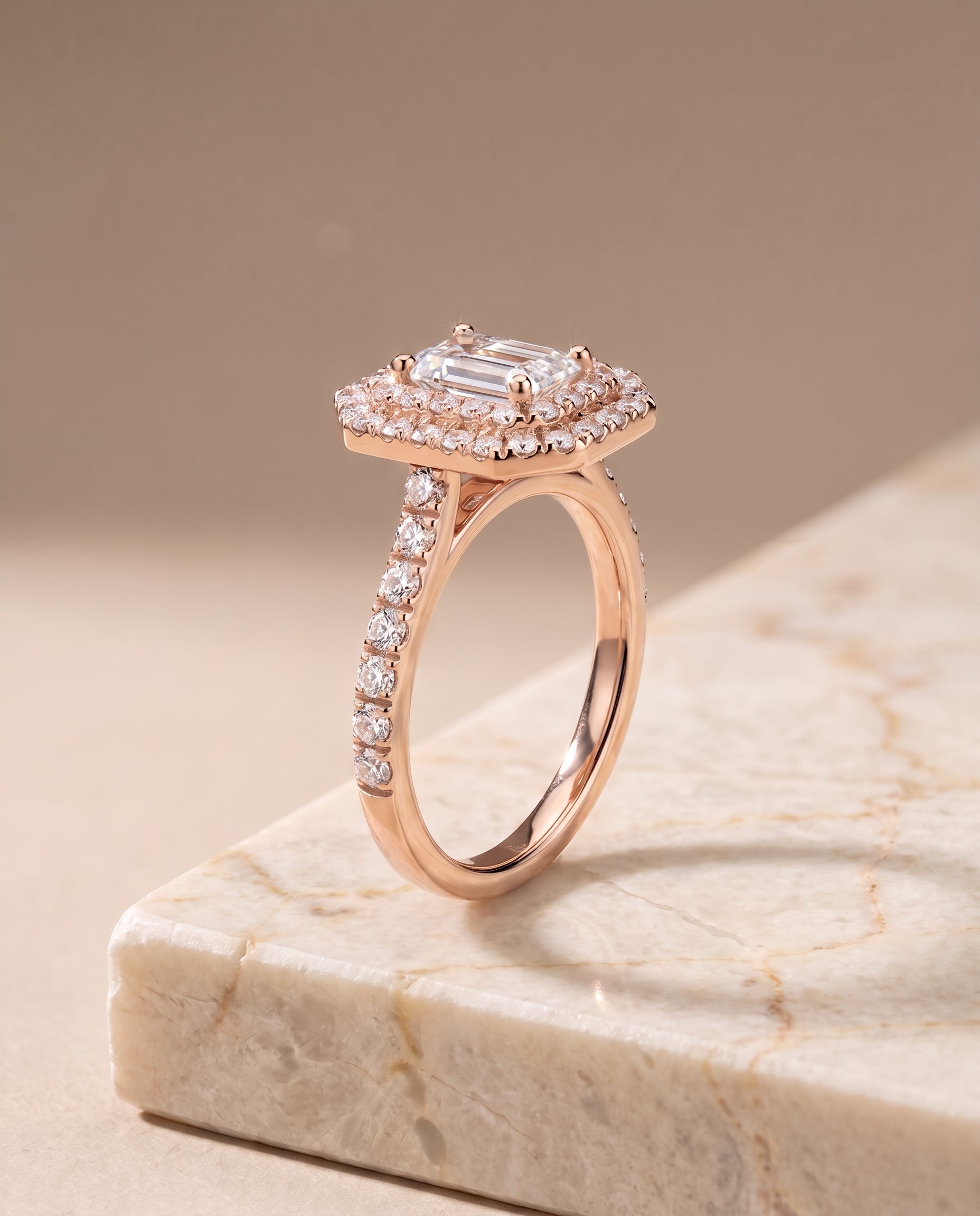 The Whitney Double Halo Emerald Cut Engagement Ring Setting in 14K Rose Gold
