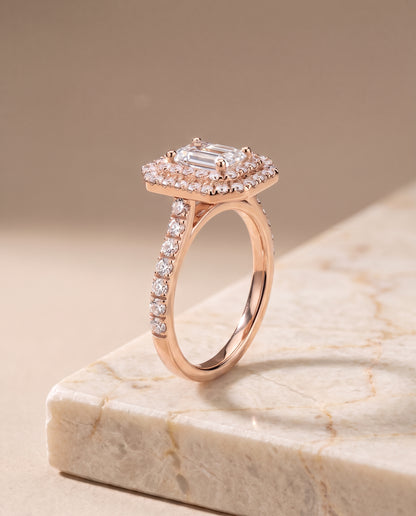 The Whitney Double Halo Emerald Cut Engagement Ring Setting in 14K Rose Gold