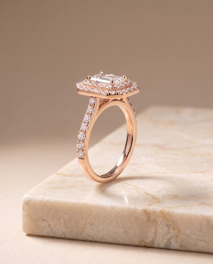 The Whitney Double Halo Emerald Cut Engagement Ring Setting in 14K Rose Gold