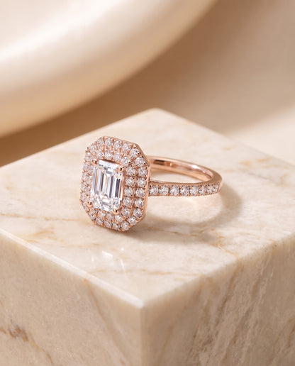 The Whitney Double Halo Emerald Cut Engagement Ring Setting in 14K Rose Gold