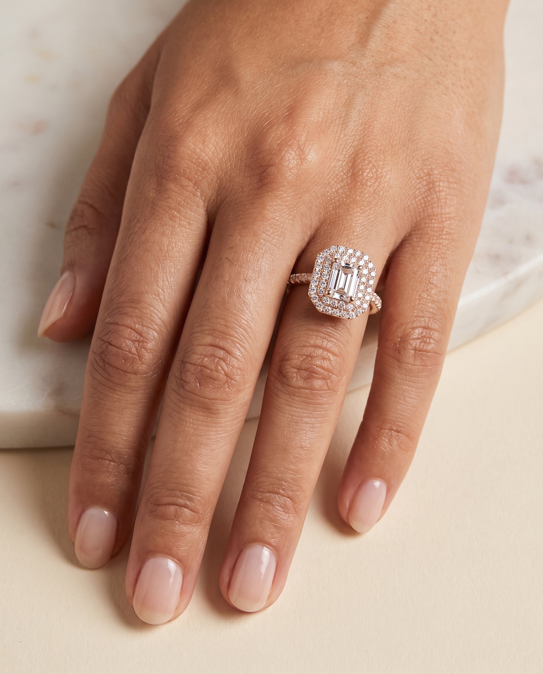 The Whitney Double Halo Emerald Cut Engagement Ring Setting in 14K Rose Gold
