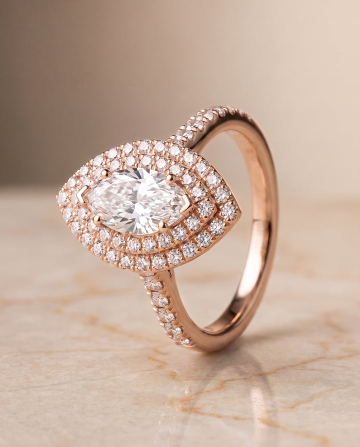 The Whitney Double Halo Marquise Engagement Ring Setting in 14K Rose Gold