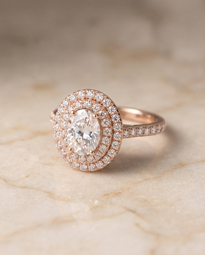 The Whitney Double Halo Oval Engagement Ring Setting in 14K Rose Gold