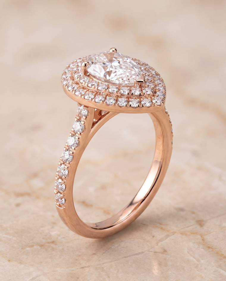 The Whitney Double Halo Pear Engagement Ring Setting in 14K Rose Gold