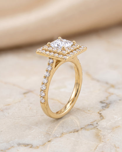 The Whitney Double Halo Princess Cut Engagement Ring Setting in 18K Yellow Gold