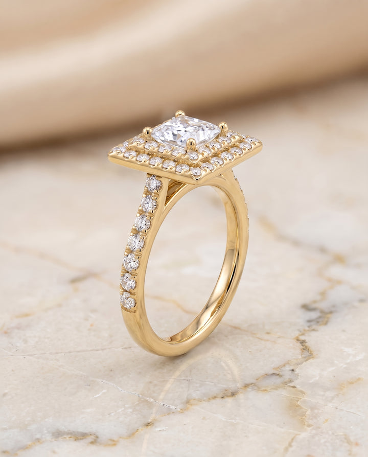 The Whitney Double Halo Princess Cut Engagement Ring Setting in 18K Yellow Gold