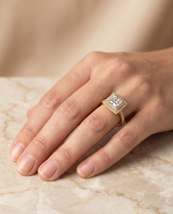 The Whitney Double Halo Princess Cut Engagement Ring Setting in 18K Yellow Gold