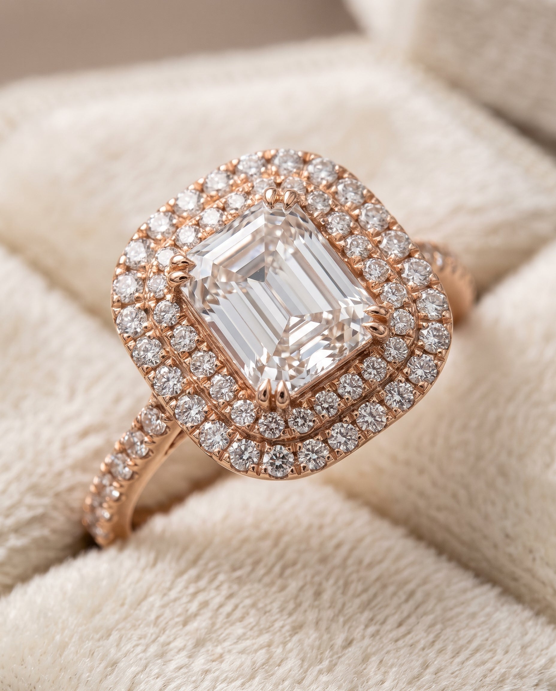 The Whitney Double Halo Radiant Cut Engagement Ring Setting in 14K Rose Gold