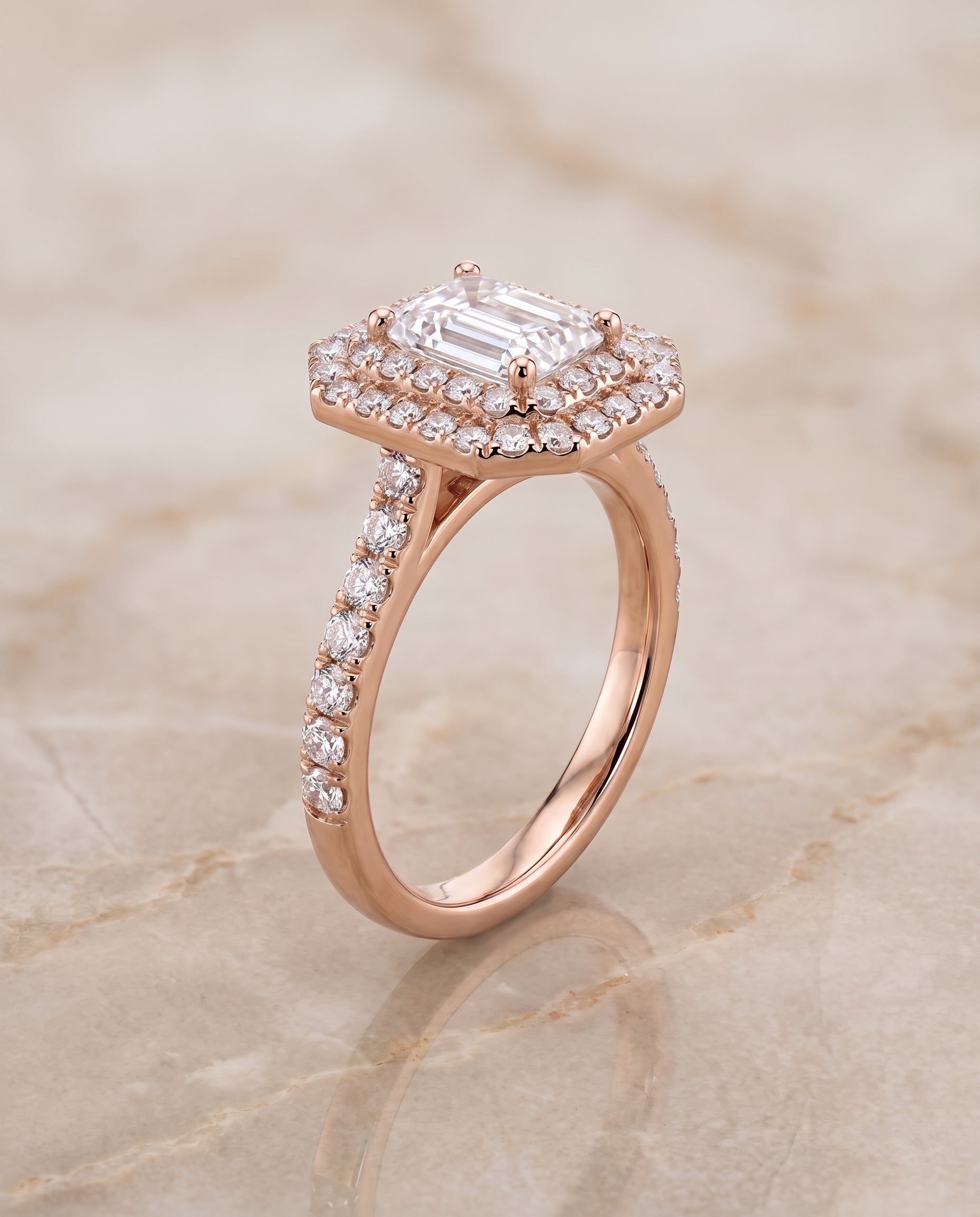 The Whitney Double Halo Radiant Cut Engagement Ring Setting in 14K Rose Gold